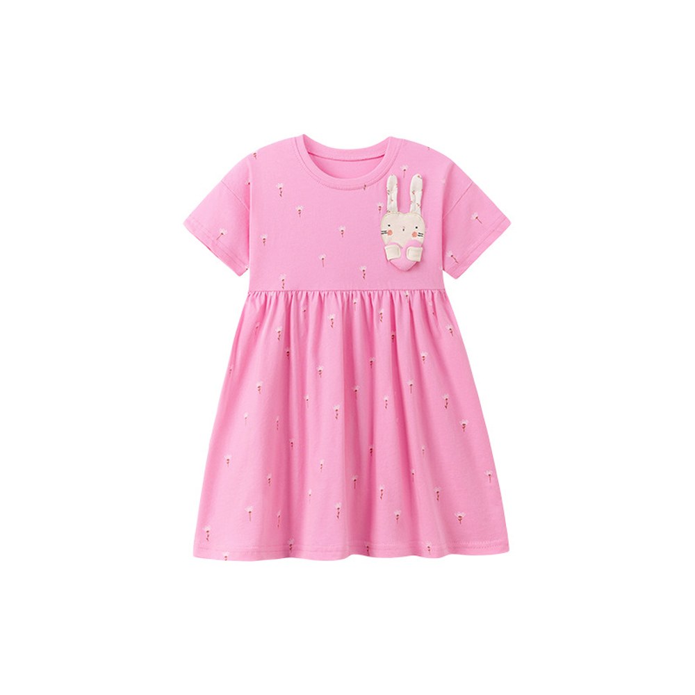Baby Girls Cute Rabbit and Flowers Pattern Short Sleeves Dress