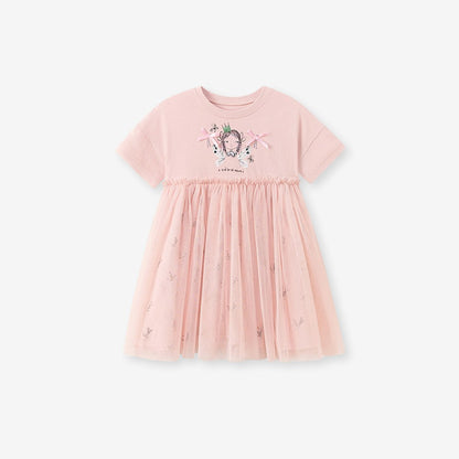 Baby Girls Cute Cartoon and Flowers Pattern Short Sleeves Dress