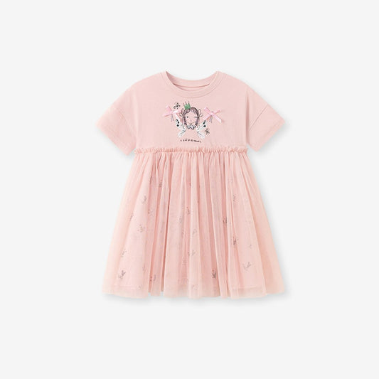 Baby Girls Cute Cartoon and Flowers Pattern Short Sleeves Dress