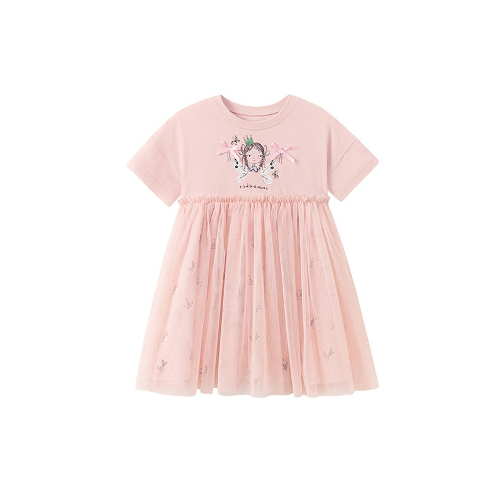 Baby Girls Cute Cartoon and Flowers Pattern Short Sleeves Dress