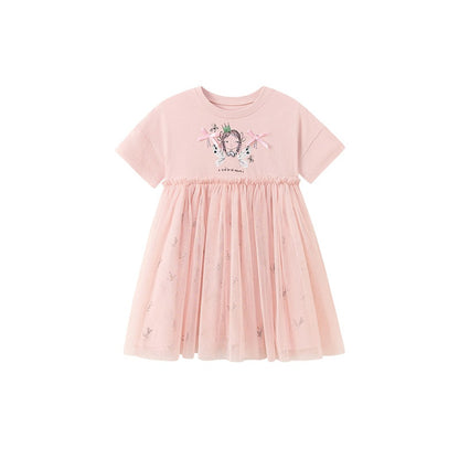 Baby Girls Cute Cartoon and Flowers Pattern Short Sleeves Dress