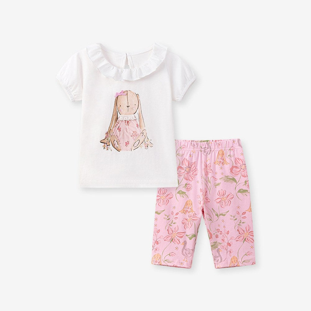 Baby Kids Girls Short Sleeves Cartoon Pattern T-shirt and Floral Pants 2-Piece Clothing Set