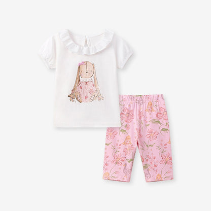 Baby Kids Girls Short Sleeves Cartoon Pattern T-shirt and Floral Pants 2-Piece Clothing Set
