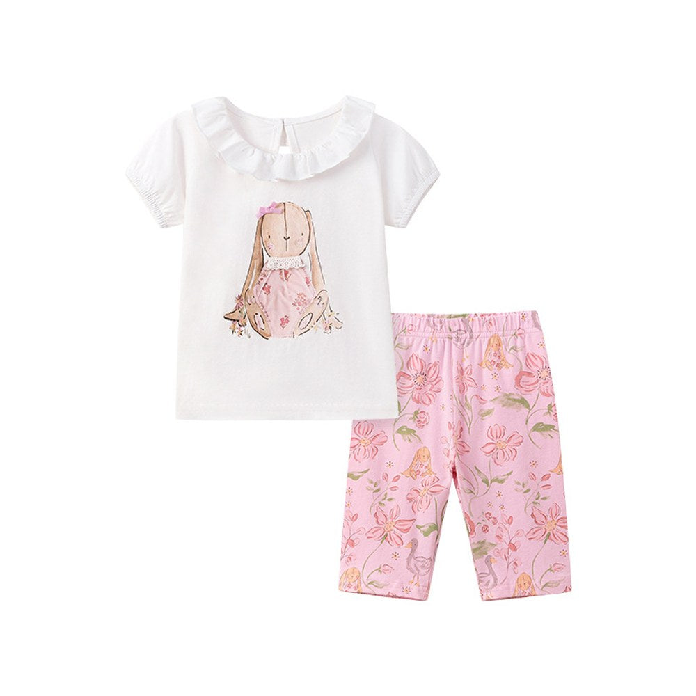 Baby Kids Girls Short Sleeves Cartoon Pattern T-shirt and Floral Pants 2-Piece Clothing Set