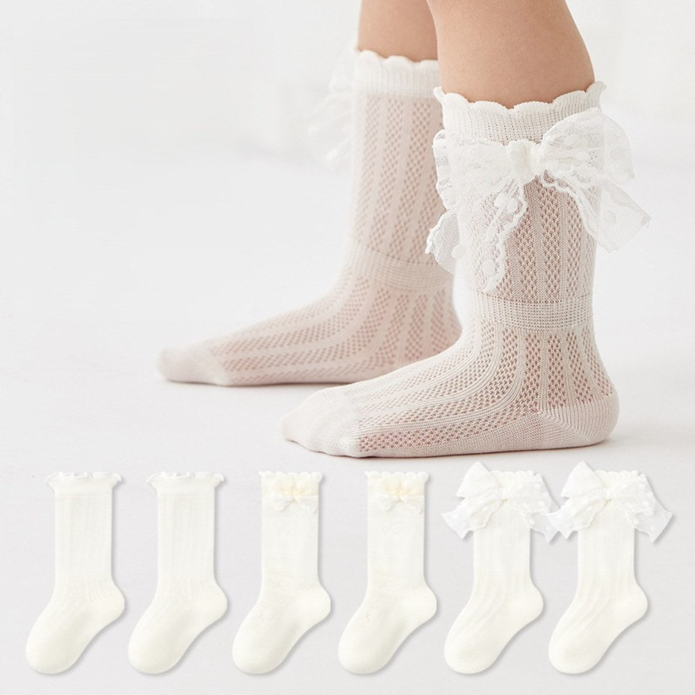 Baby Girls Breathable Cute Mesh Design Mid-Calf Socks 3-Pair Set