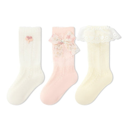 Baby Girls Breathable Cute Mesh Design Mid-Calf Socks 3-Pair Set