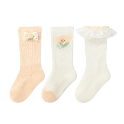 Baby Girls Breathable Cute Mesh Design Mid-Calf Socks 3-Pair Set