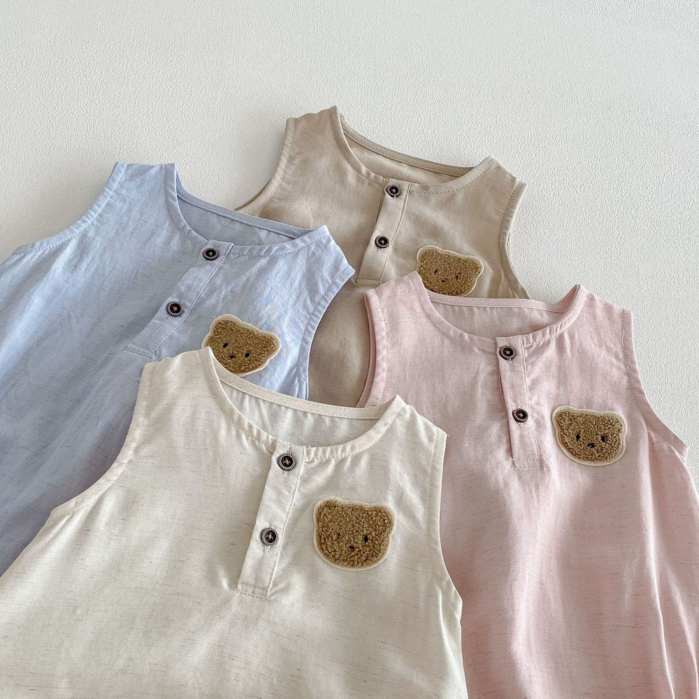 Baby Girls Teddy Bear Pattern Sleeveless Bodysuit
