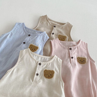 Baby Girls Teddy Bear Pattern Sleeveless Bodysuit