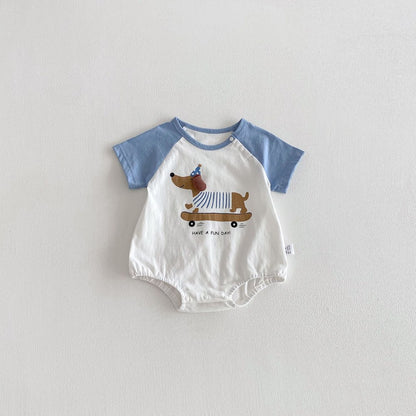 Baby Boys and Girls Short Sleeves Color Patchwork Cartoon Pattern Bodysuit