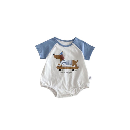 Baby Boys and Girls Short Sleeves Color Patchwork Cartoon Pattern Bodysuit