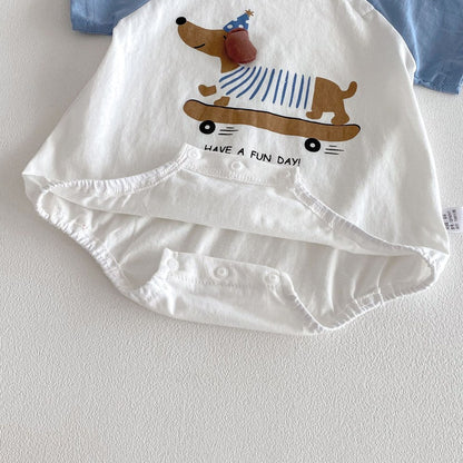 Baby Boys and Girls Short Sleeves Color Patchwork Cartoon Pattern Bodysuit