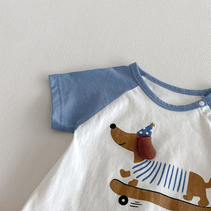 Baby Boys and Girls Short Sleeves Color Patchwork Cartoon Pattern Bodysuit