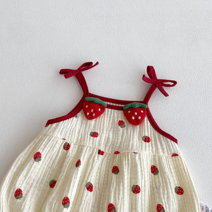 Baby Girls Sleeveless Fruit Strawberry Pattern Bodysuit