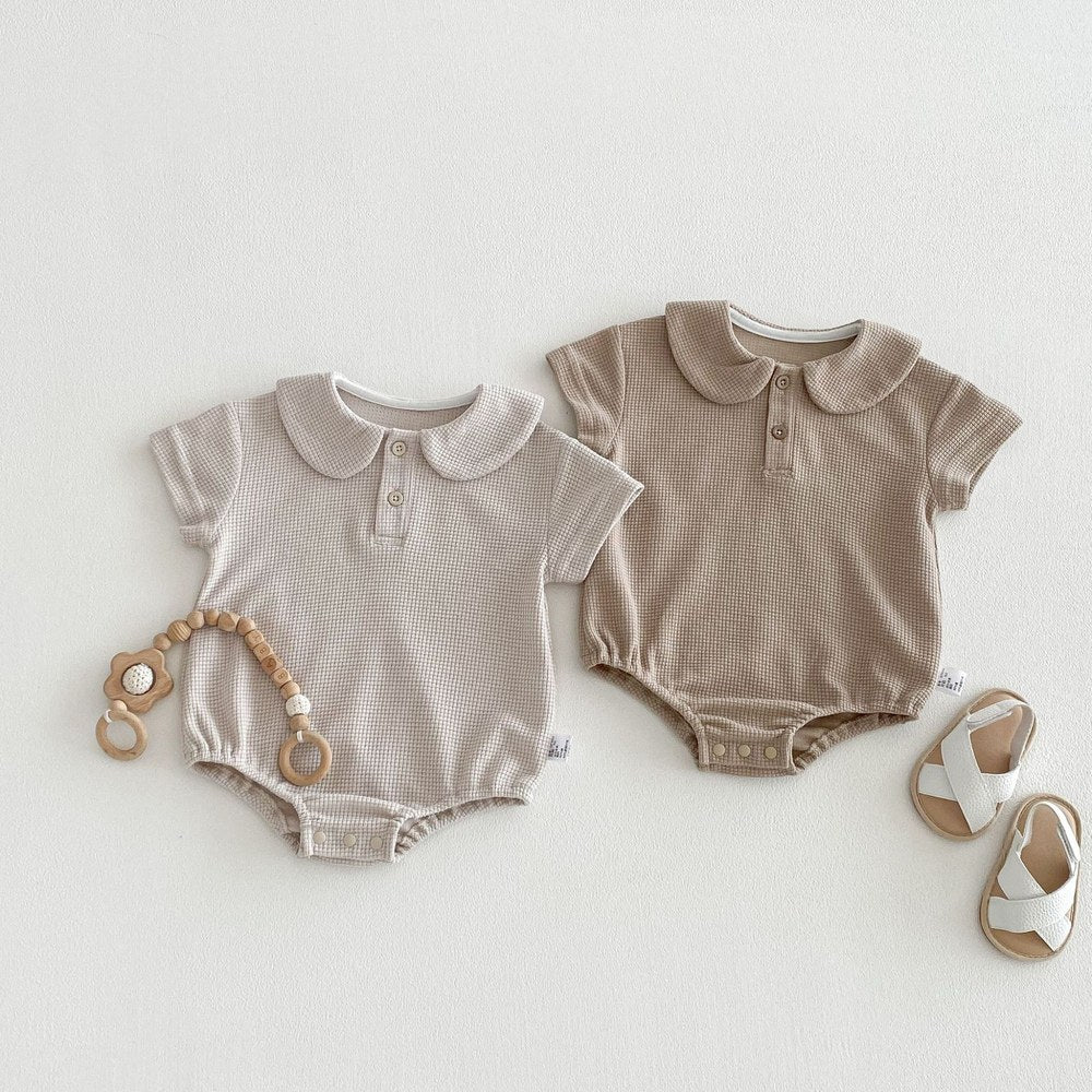 Baby Boys and Girls Short Sleeves Solid Color Waffle Grid Bodysuit