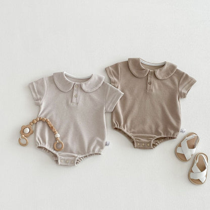 Baby Boys and Girls Short Sleeves Solid Color Waffle Grid Bodysuit