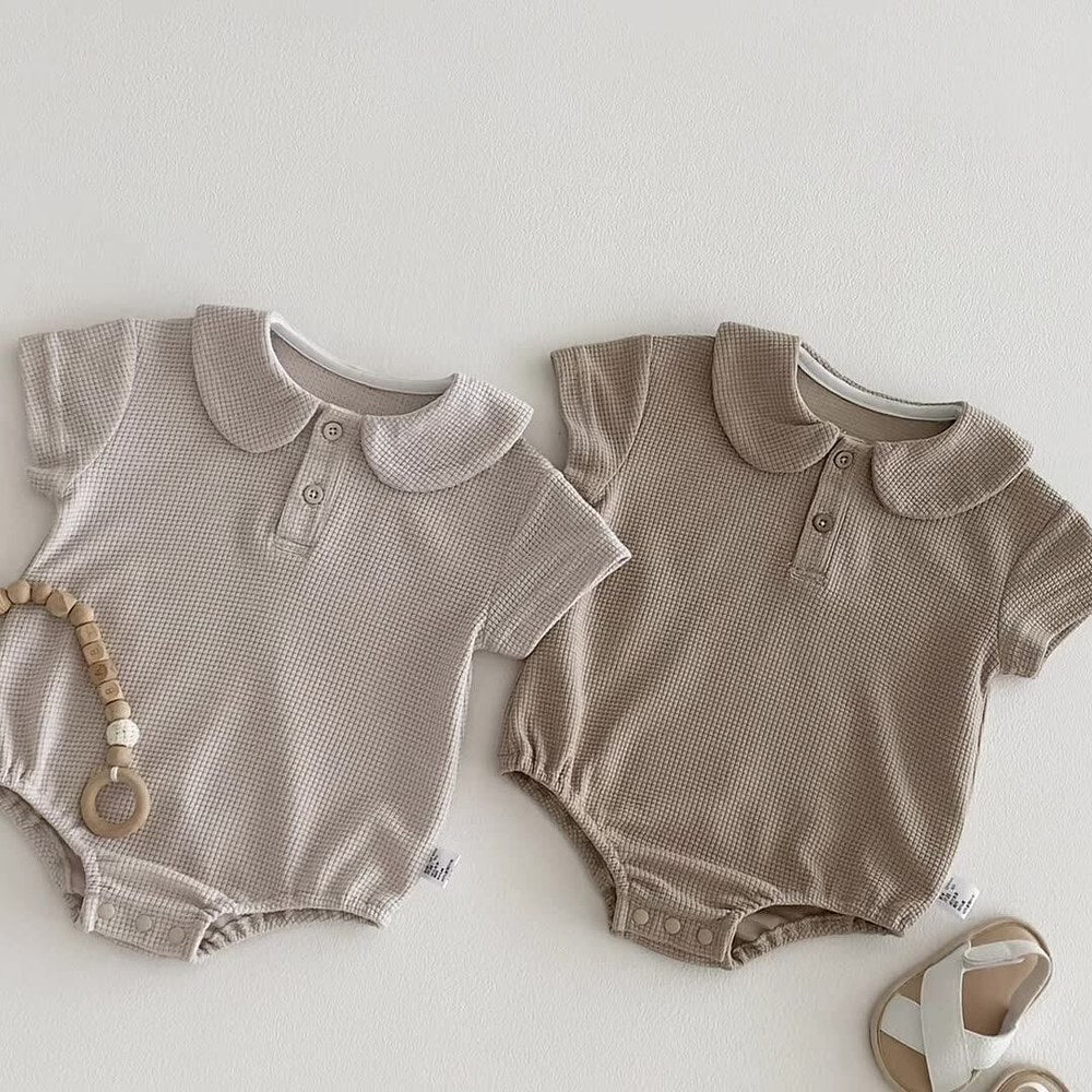 Baby Boys and Girls Short Sleeves Solid Color Waffle Grid Bodysuit