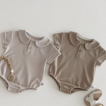 Baby Boys and Girls Short Sleeves Solid Color Waffle Grid Bodysuit