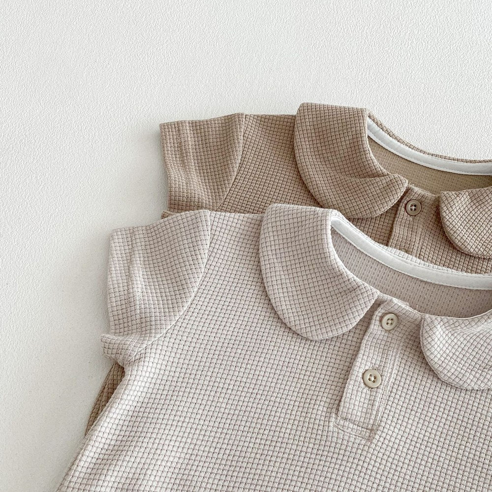 Baby Boys and Girls Short Sleeves Solid Color Waffle Grid Bodysuit