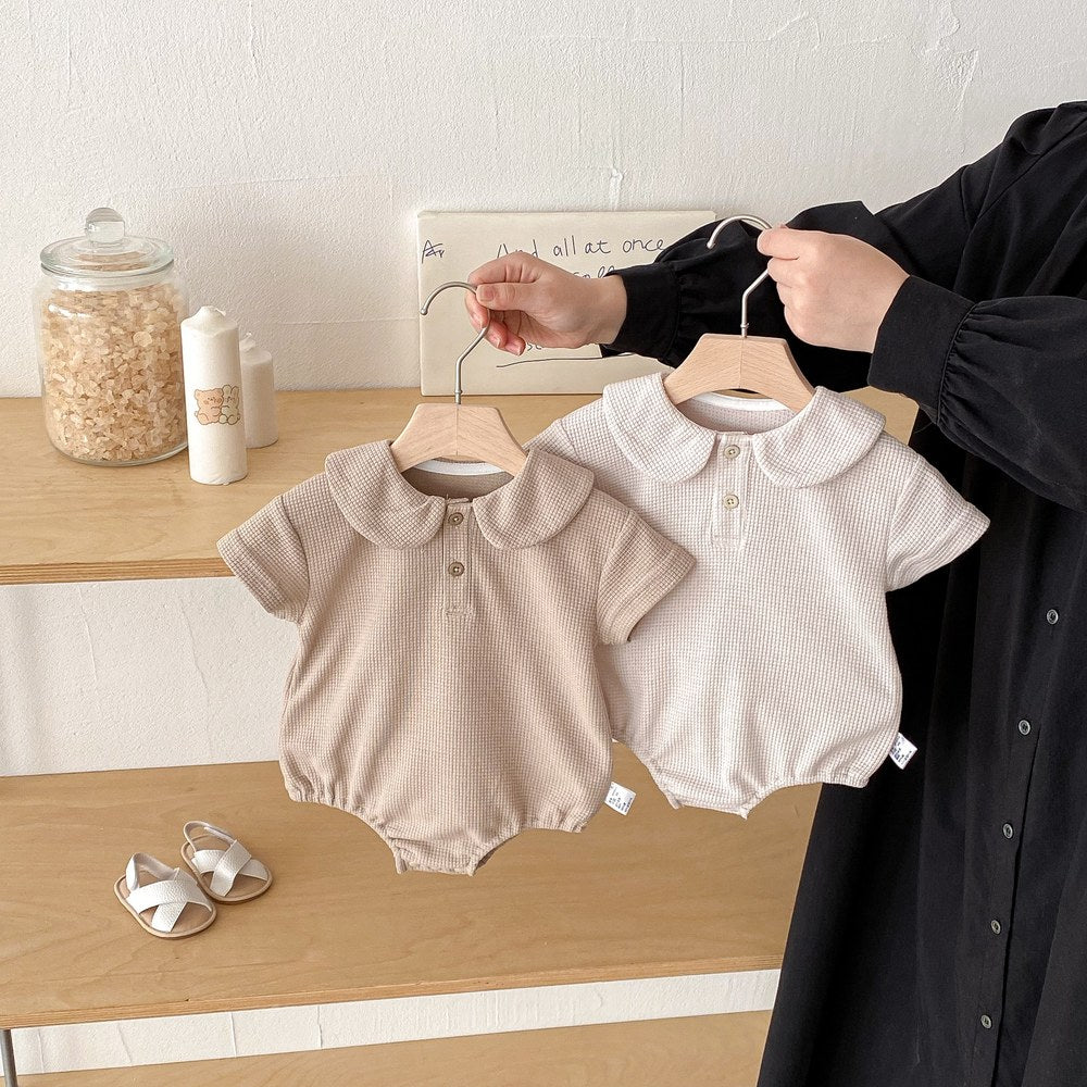 Baby Boys and Girls Short Sleeves Solid Color Waffle Grid Bodysuit