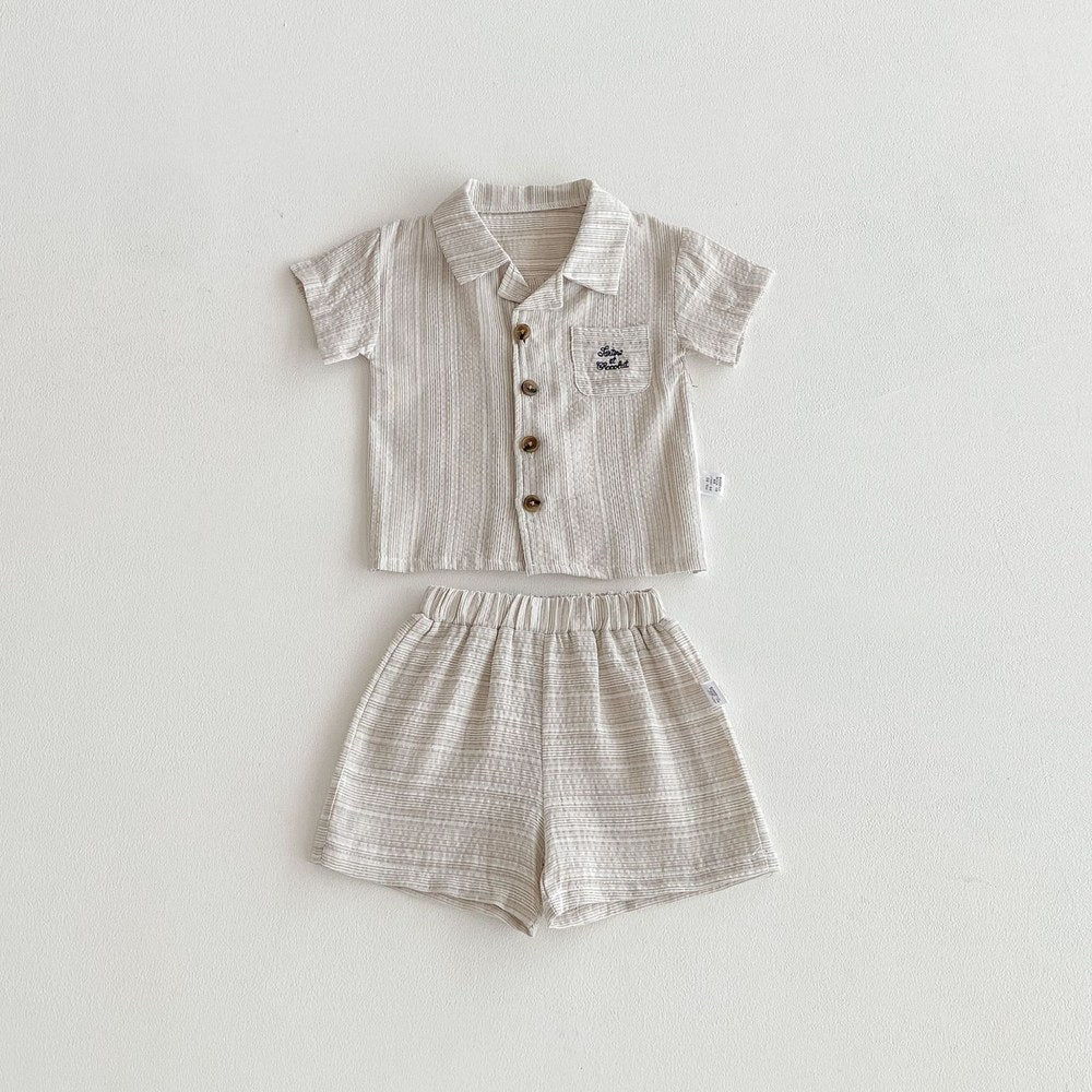 Baby Kids Boys Letters Pattern Single Breasted Shirt and Shorts 2-Piece Striped Clothing Set