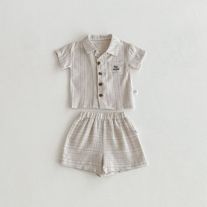 Baby Kids Boys Letters Pattern Single Breasted Shirt and Shorts 2-Piece Striped Clothing Set