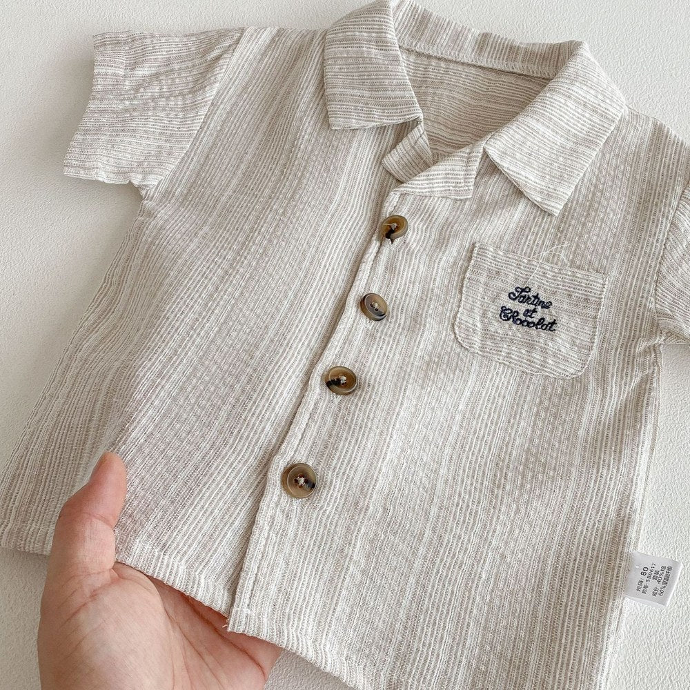 Baby Kids Boys Letters Pattern Single Breasted Shirt and Shorts 2-Piece Striped Clothing Set