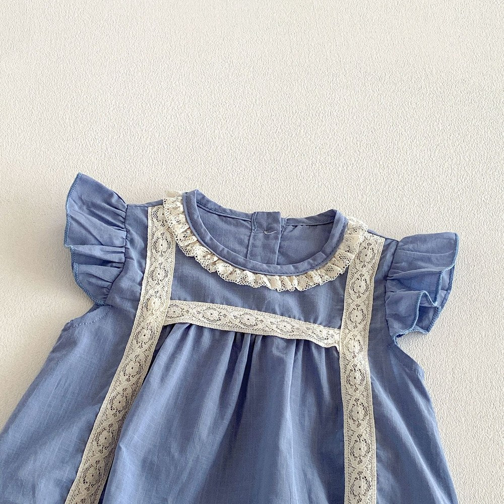 Baby Girls Fly Sleeves Lace Trim Vintage Bodysuit