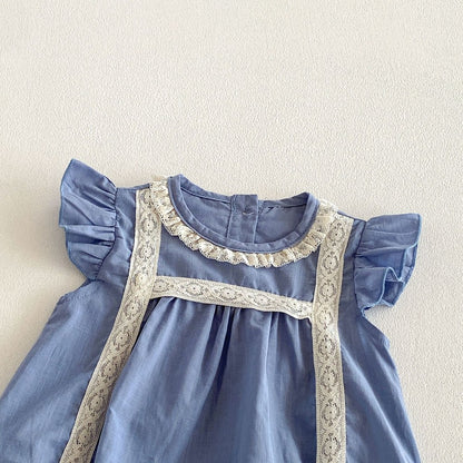 Baby Girls Fly Sleeves Lace Trim Vintage Bodysuit