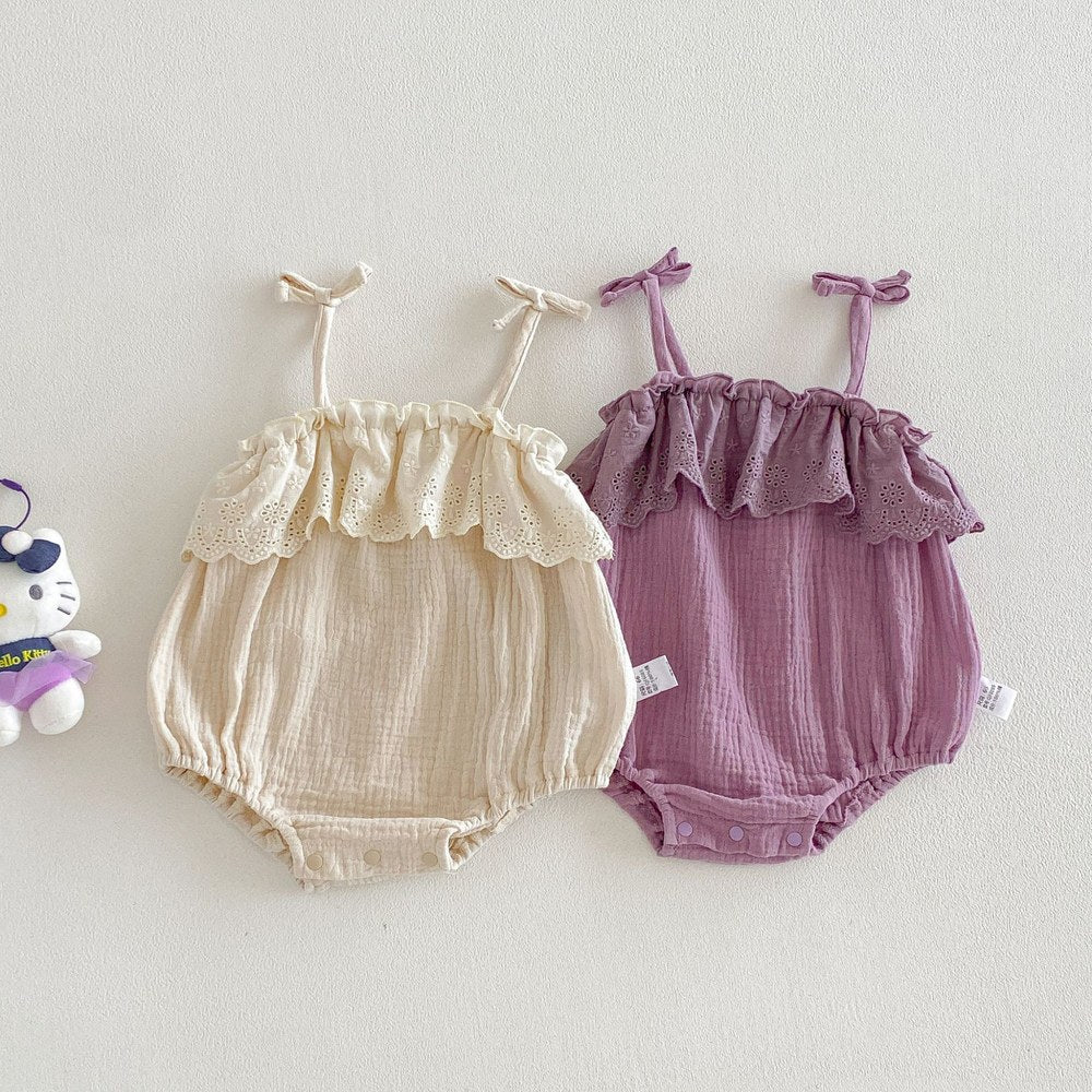 Baby Girls Sleeveless Flowers Pattern Plain Strap Bodysuit