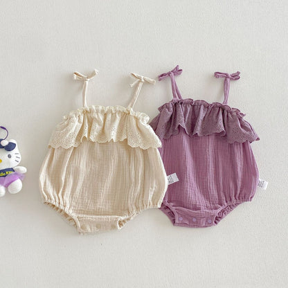 Baby Girls Sleeveless Flowers Pattern Plain Strap Bodysuit