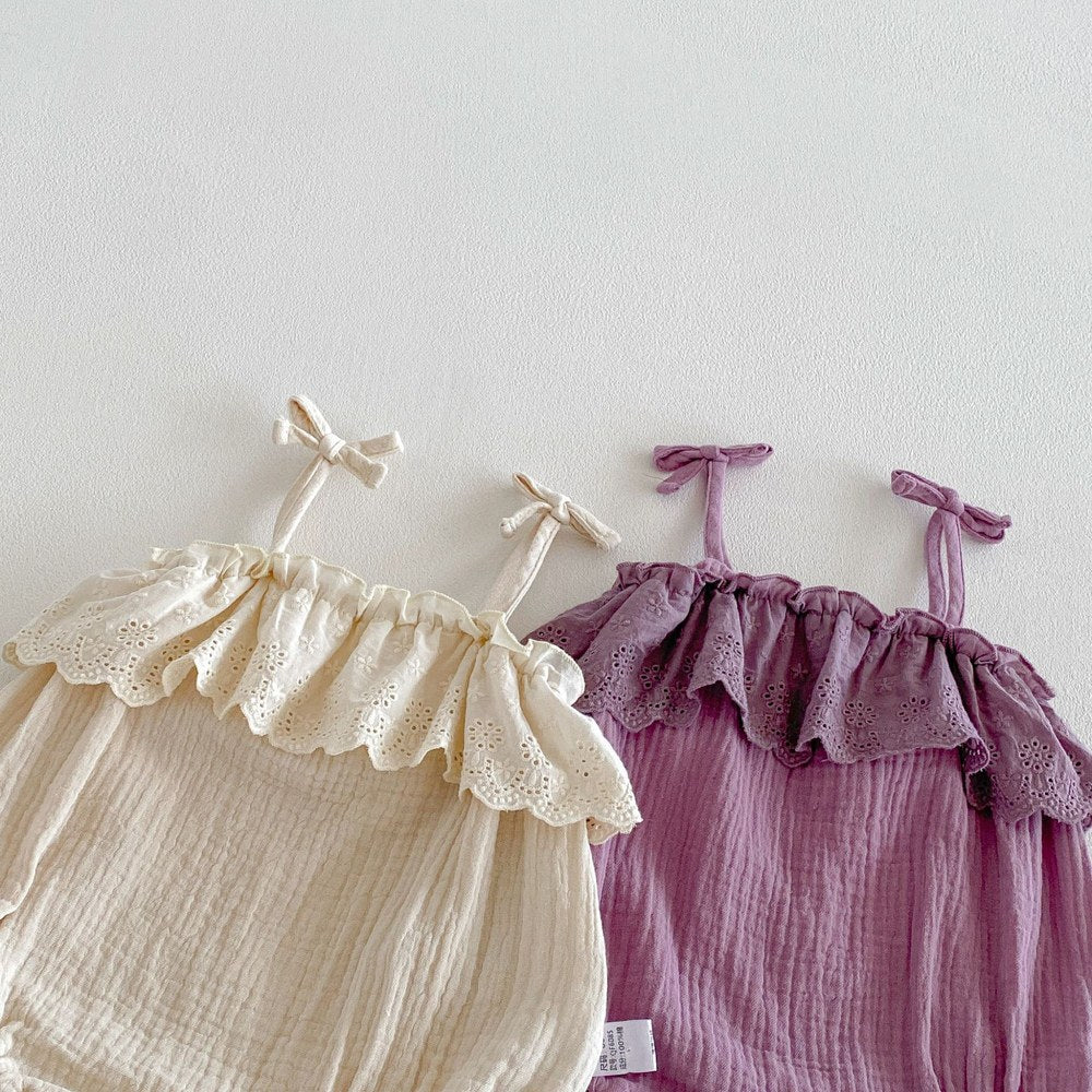 Baby Girls Sleeveless Flowers Pattern Plain Strap Bodysuit