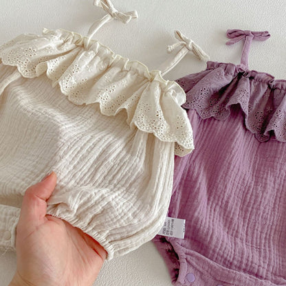 Baby Girls Sleeveless Flowers Pattern Plain Strap Bodysuit
