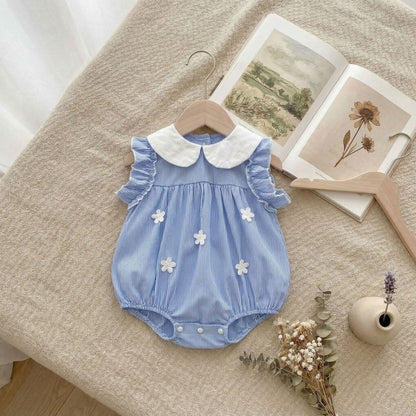 Baby Girls Fly Sleeves Flowers and Striped Bodysuit
