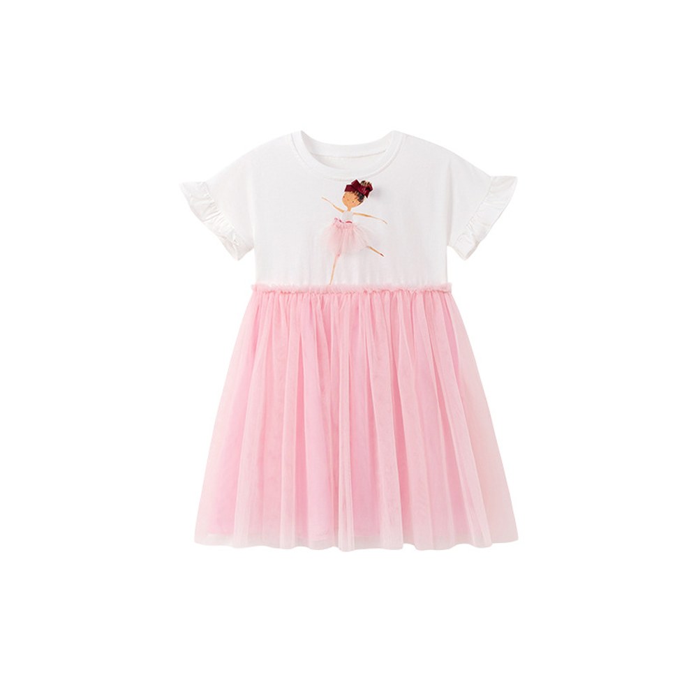 Cartoon Pattern Short Sleeves Tulle Patchwork Dress for Stylish Girls