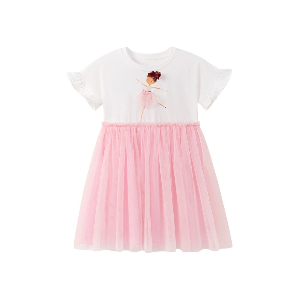 Cartoon Pattern Short Sleeves Tulle Patchwork Dress for Stylish Girls