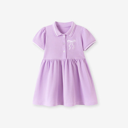 Butterfly-bows Pattern Short Sleeves Turn-down Collar Dress for Stylish Girls