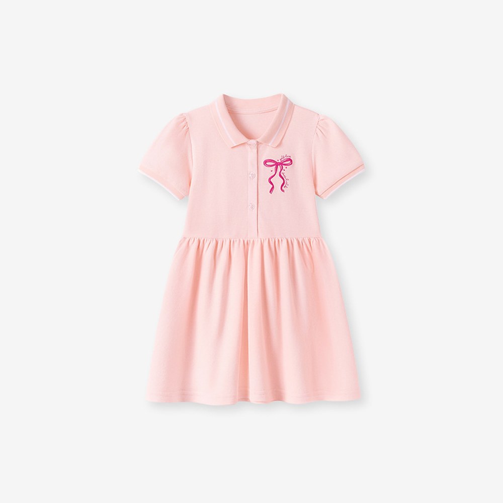 Butterfly-bows Pattern Short Sleeves Turn-down Collar Dress for Stylish Girls