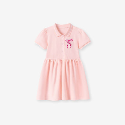 Butterfly-bows Pattern Short Sleeves Turn-down Collar Dress for Stylish Girls