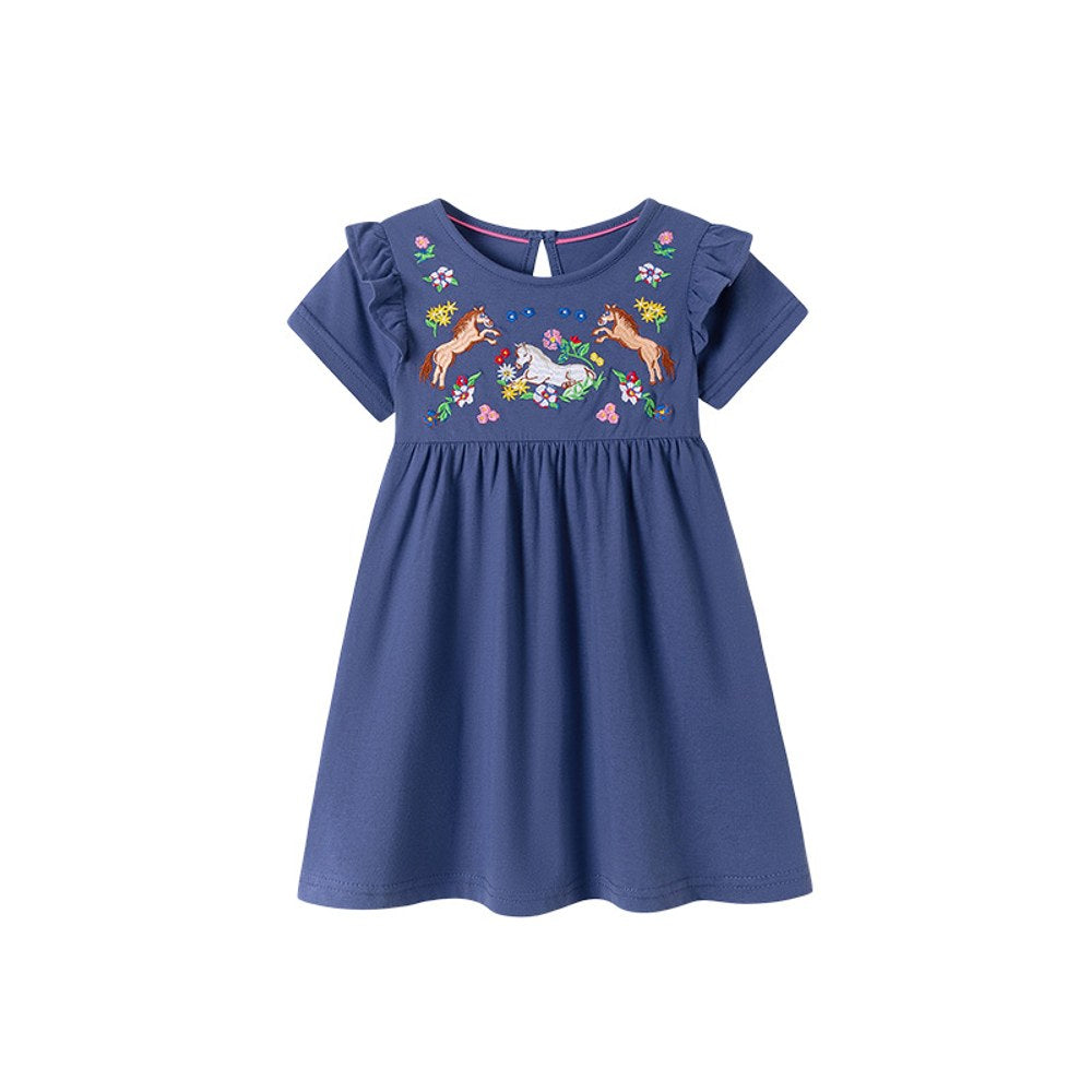 Flowers and Animals Pattern Embroidered Short Sleeves Dress for Stylish Girls