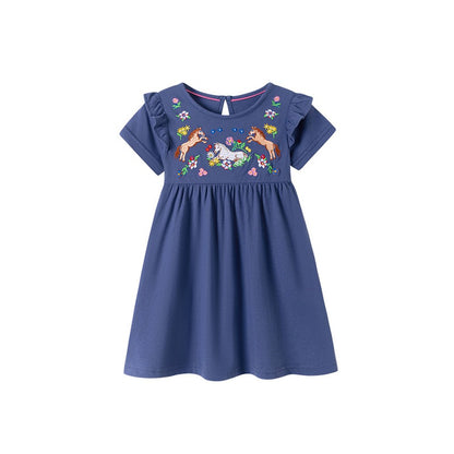 Flowers and Animals Pattern Embroidered Short Sleeves Dress for Stylish Girls