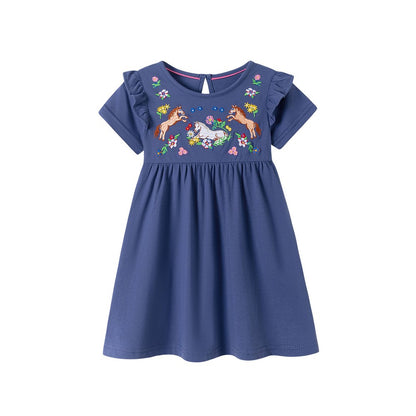 Flowers and Animals Pattern Embroidered Short Sleeves Dress for Stylish Girls