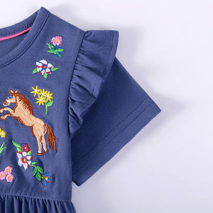 Flowers and Animals Pattern Embroidered Short Sleeves Dress for Stylish Girls
