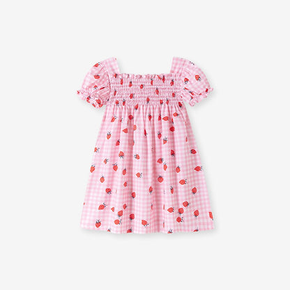Strawberry and Plaid Pattern Short Sleeves Dress for Stylish Girls