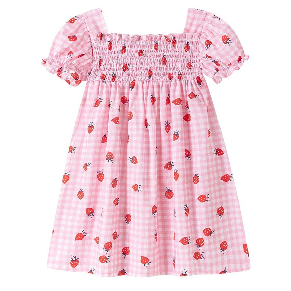 Strawberry and Plaid Pattern Short Sleeves Dress for Stylish Girls
