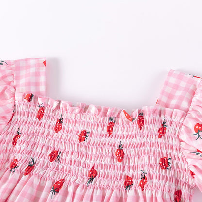 Strawberry and Plaid Pattern Short Sleeves Dress for Stylish Girls