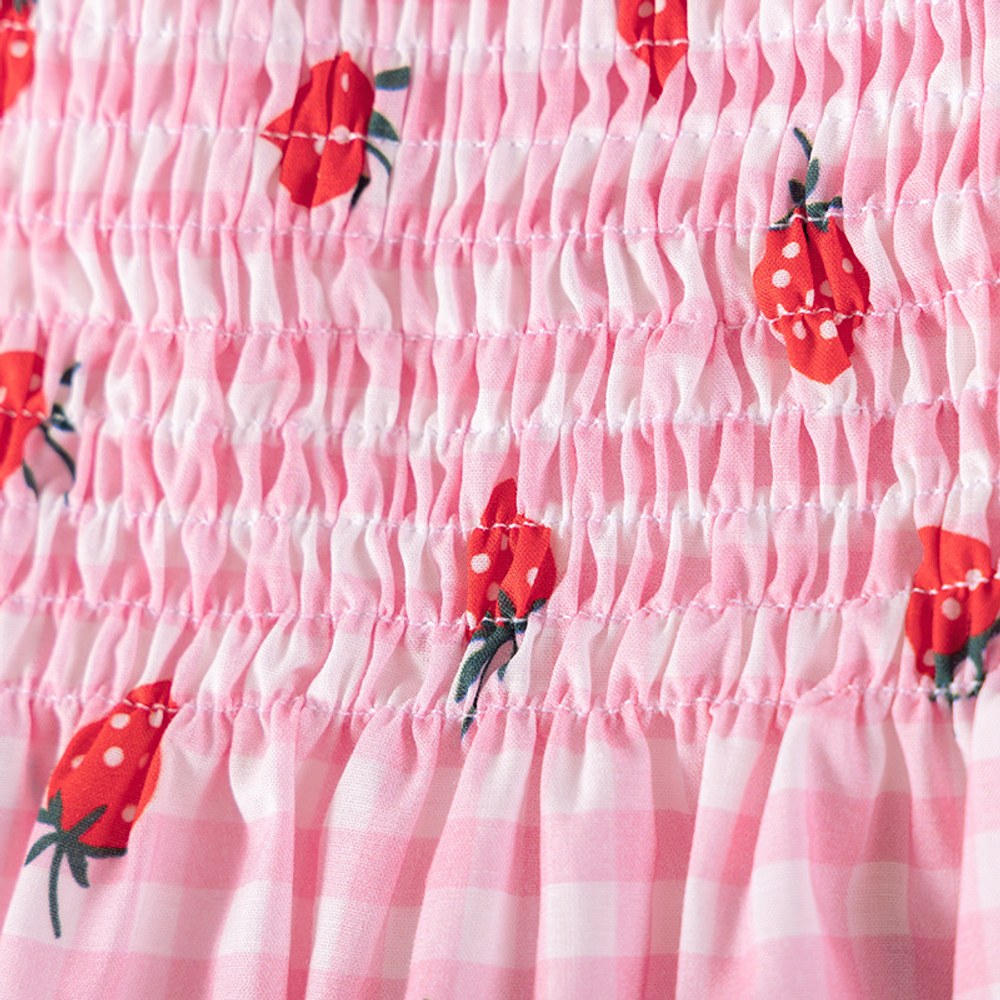 Strawberry and Plaid Pattern Short Sleeves Dress for Stylish Girls