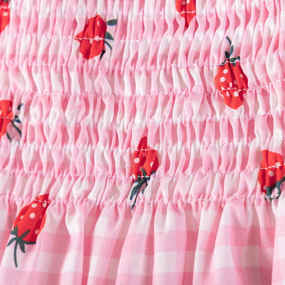 Strawberry and Plaid Pattern Short Sleeves Dress for Stylish Girls