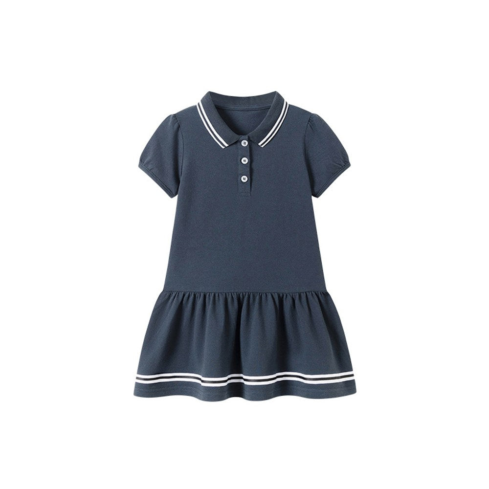 Striped Short Sleeves Turn-down Collar Dress for Stylish Girls