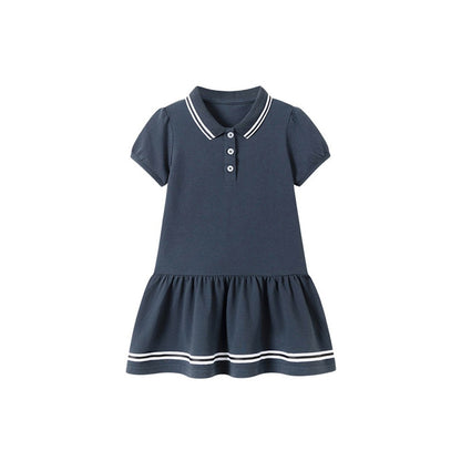 Striped Short Sleeves Turn-down Collar Dress for Stylish Girls